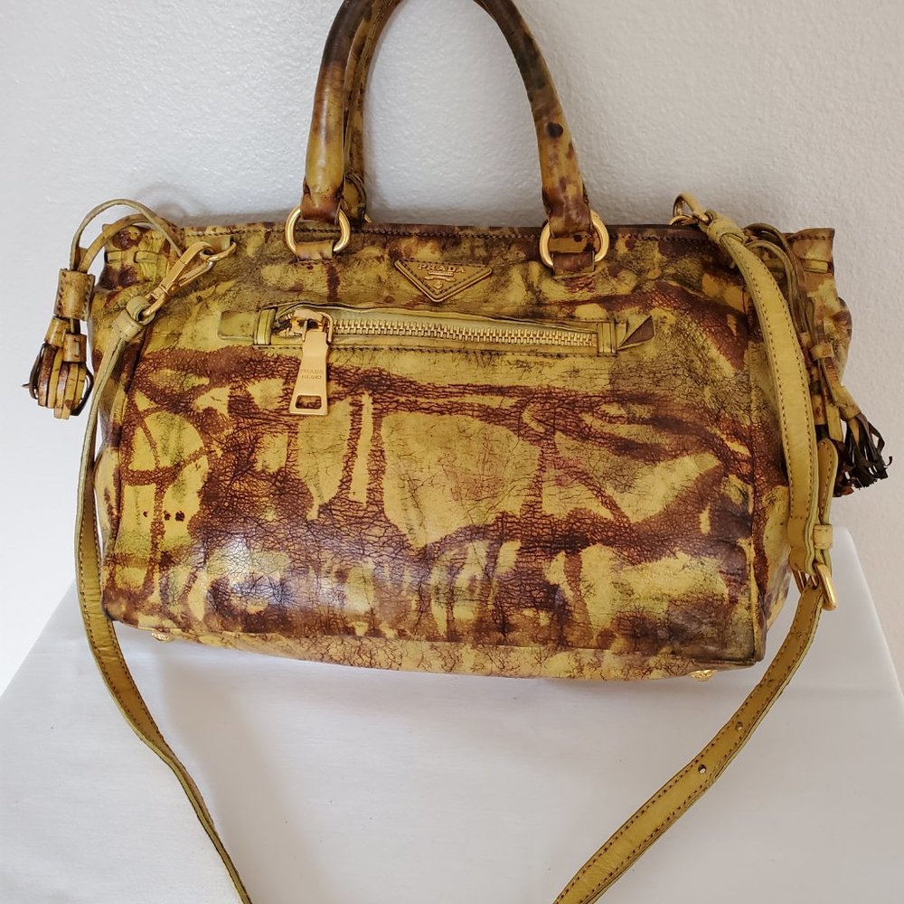 Prada tote top handle bag leather dyed camo brown black beige tan galleria lux - Picture 7 of 16